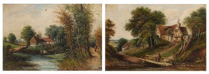 E. 怀尔德，
英国画派，19世纪后期—

一组乡村风景画：《河畔小屋》与《乡村风景中的桥上情侣》；