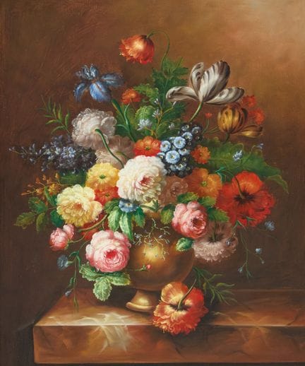保罗·西奥多·范·布鲁塞尔的作品，
20世纪—

花卉静物画，描绘了置于大理石台面上的花瓶中盛放的芍