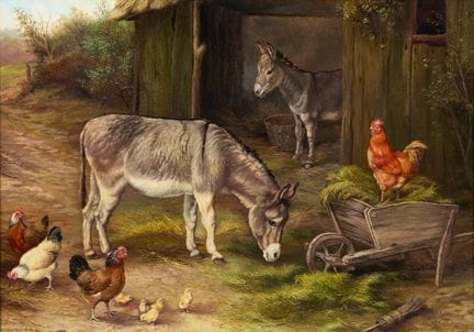 埃德加·亨特圈，
英国，1876-1953-

农场院子里放牧的驴和鸡；

布面油画，右下角有“E 
