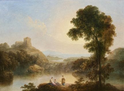 归因于阿戈斯蒂诺·阿格利奥，
意大利，1777-1857-

一幅意大利风格的风景画，描绘了湖畔的三