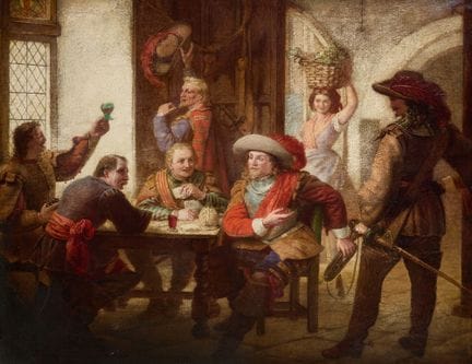 托马斯·赫伯特·马奎尔，
英国，1821-1895-

一间小屋内，几位骑士围坐在桌旁；

布面油画