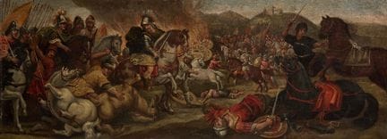 安东尼奥·坦佩斯塔的追随者，
意大利人，1555-1630-

战场景象，一名骑马的将军身后有一辆燃