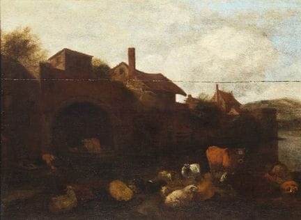 扬·范·奥森贝克的追随者，
荷兰，约1624-1674年-


一幅描绘牛羊、人物及一只狗的风景画，