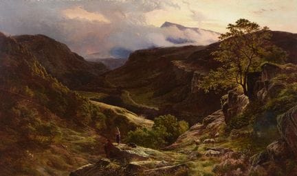 西德尼·理查德·珀西，
英国 1821/22-1886-

日落时分的莱德尔河谷景色，画面中有两名牧