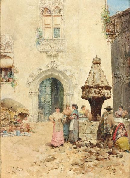 欧亨尼奥·奥利瓦·伊·罗德里戈，
西班牙，1852-1925-

《喷泉旁》；

木板油画，左下角签