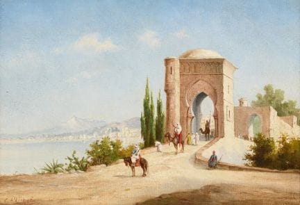法国东方主义画派，
19世纪—

一幅北非风景画，画中人物骑着骆驼穿过一座宏伟的城门；

布面油画，