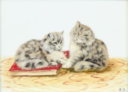 贝西·班伯，
英国，约1870-1910年-

两只虎斑小猫；

乳白玻璃上油画，右下角署有姓名首字