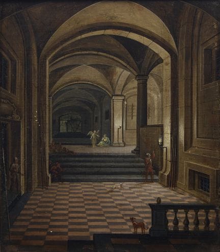 小彼得·内夫斯，
荷兰，1620年—1675年后—

一幅建筑幻想画，描绘天使向圣彼得显现；

木板
