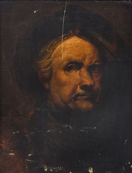 据伦勃朗·哈门斯·范·莱因作品，
荷兰，1606-1669-

自画像；

纸本油画，裱于画布上，4
