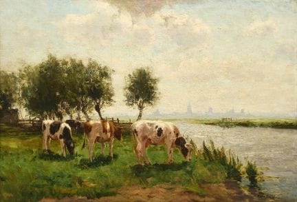 费多尔·范·克雷格滕，
荷兰，1871-1937-

河畔放牧的牛群；

布面油画，右下角署名并注明