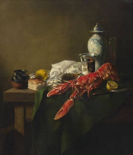 法国画派，
19世纪早期-

静物画，描绘了一只龙虾、一只中国瓷花瓶、牡蛎、柠檬、面包、一把刀及其他