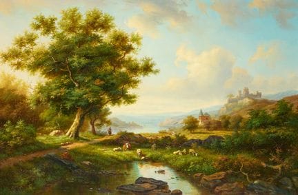英国画派，
20世纪—

广阔的风景中，人物与牛群静卧；

布面油画，61 × 91.5 厘米。

