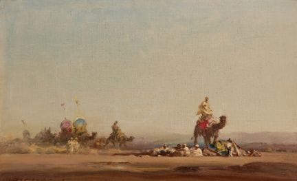 纳尔西斯·贝尔谢尔的画派，
法国，1819-1891-

沙漠中停歇的商队；

布面油画，左下角有模