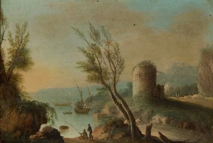 保罗·阿内西画派，
意大利，1697-1773-

一幅意大利风格的风景画，前景中有人在垂钓，远处有