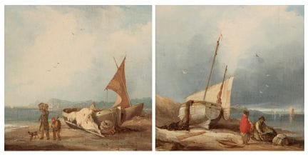 爱德华·查尔斯·威廉姆斯，
英国，1807-1881-

岸边的人物；

木板油画，两幅均带有双头鹰