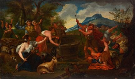 据西罗·费里所作，
意大利，1634-1689-

《摩西与叶忒罗的女儿们》；

木板油画，39.9
