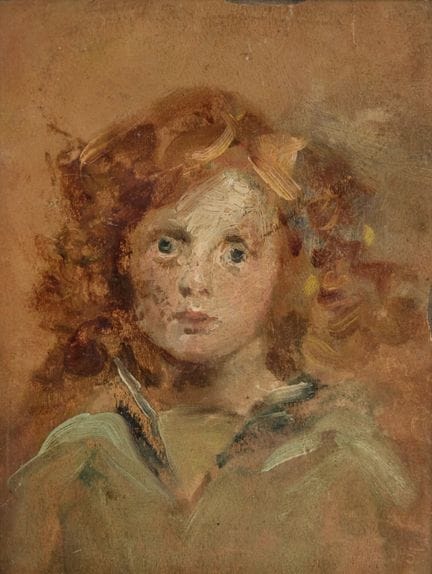 威廉·克里斯蒂安·西蒙斯，
英国人，1845-1911-

一名红发儿童肖像，身着蓝色衬衫；

纸本