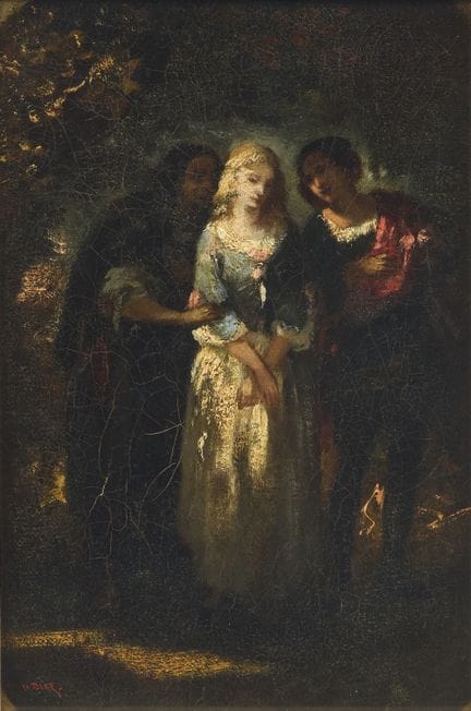 纳西斯-维吉尔·迪亚斯·德拉佩尼亚，
法国，1807-1876-

林间空地中的人物；

布面油画，