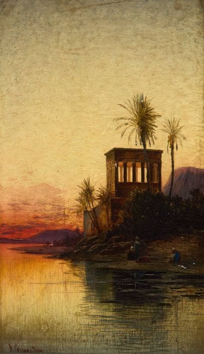 赫尔曼·大卫·所罗门·科罗迪，
意大利人，1844-1905-

《日落时的尼罗河》；

木板油画，
