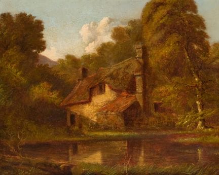 约翰·克罗姆（老）的艺术圈，
英国，1768-1821-

磨坊池畔的小屋；

木板油画，左下角署名