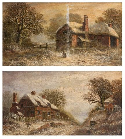 查尔斯·利弗，
英国，1824-1888-

一幅冬季风景画对，画中人物行走于小屋旁的小径上；

均