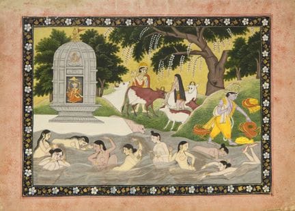 Krishna ruba le vesti delle gopi che nuotano nel f