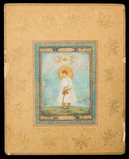 Un ritratto in piedi dell’imperatore Akbar,
India,