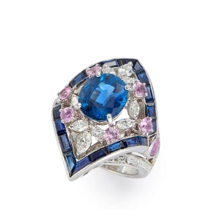 Bague à grappe en saphir, diamant et saphir rose, 