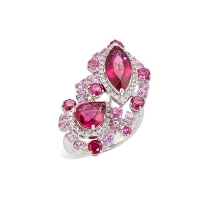 Bague à grappes en tourmaline, saphir rose et diam
