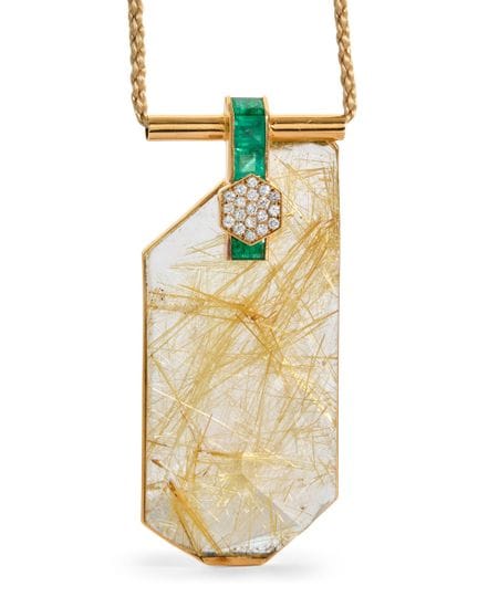 Jean Vendôme. Pendentif en quartz rutile, émeraude