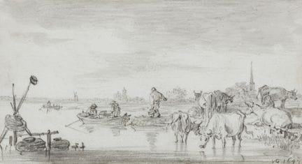 Jan van Goyen (1596-1656)
Bétail et pêcheurs au bo