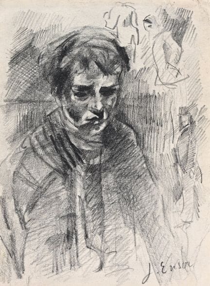 詹姆斯·恩索尔（James ENSOR，1860-1949），铅笔素描，带有剪影的男孩肖像，约188