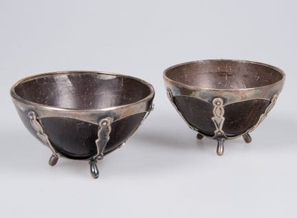 Pair of coconut and silver spice jars. New Spain w