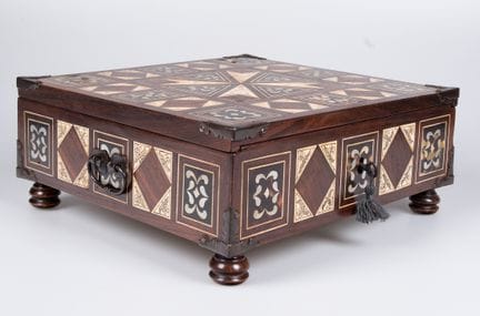 Wooden sewing box with mother-of-pearl inlay, pyro