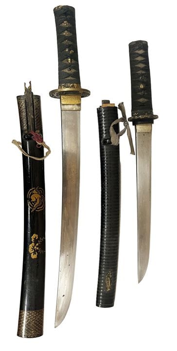 JAPAN: Two WAKIZASHI (short swords) made of black-