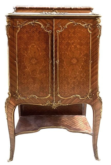 A sideboard made of wood veneer, inlaid with latti