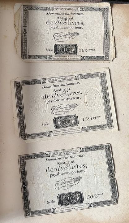 Four 10-livre assignats issued by the National Dom