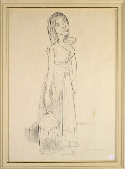 让·扬塞姆（1920-2013）
《手持鸟笼的女子》
右下角有墨水签名
画幅尺寸：69.5 x 50