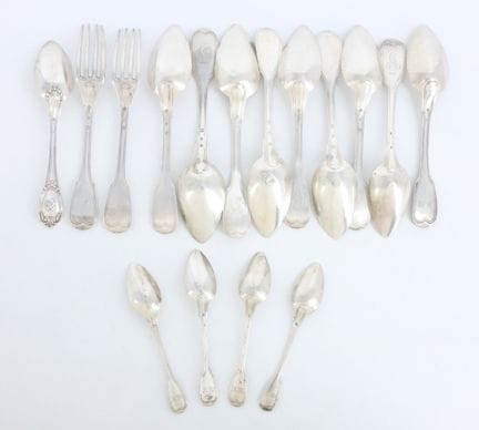 Silver set (950 mil.) consisting of: Six large spo