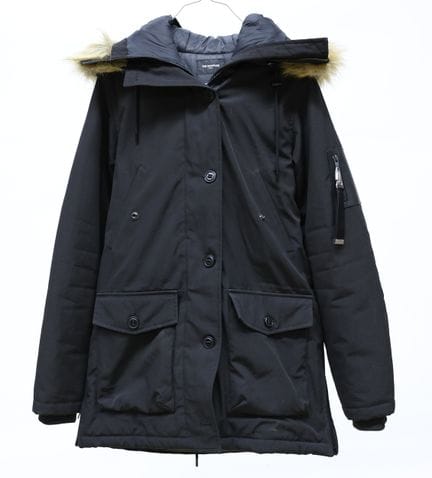 The Kooples.
Black parka with a faux fur-trimmed h