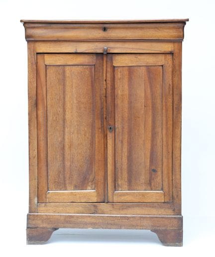 A natural wood sideboard at counter height with tw