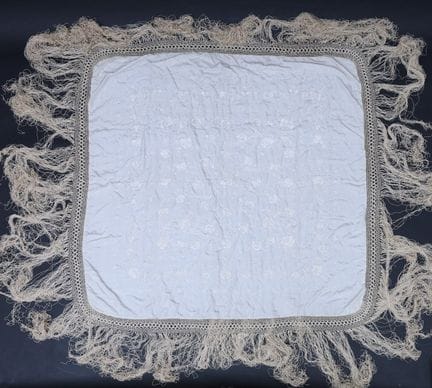 Unbleached silk shawl with embroidered floral and 