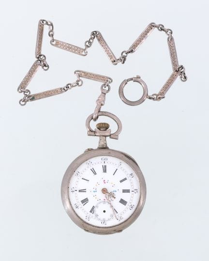 Silver pocket watch and chain (800 mil.), metal wi