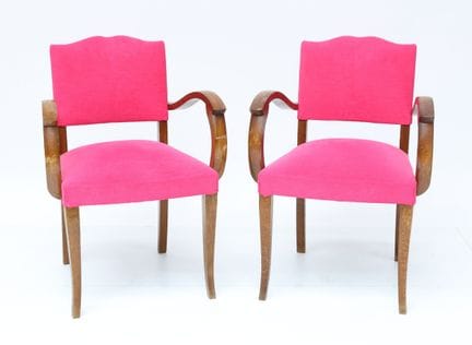 Pair of natural wood bridge chairs with pink fabri