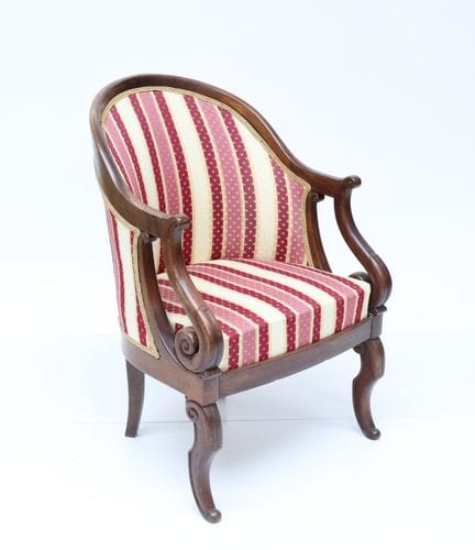 Mahogany gondola armchair, scroll-style armrests, 