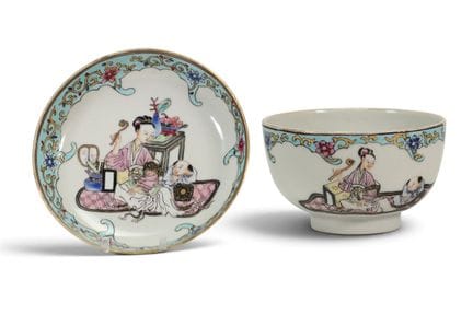 CHINA – Taza y platillo de porcelana esmaltada pol