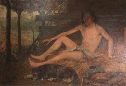 埃米尔·德克尔斯（Émile DECKERS，1885-1968）——《休憩中的裸体青年与爱犬》。这