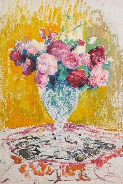 皮埃尔·保卢斯（1881-1959）——《花束》。 纸本油画，描绘了插在花瓶中的一束鲜花，色彩明快、