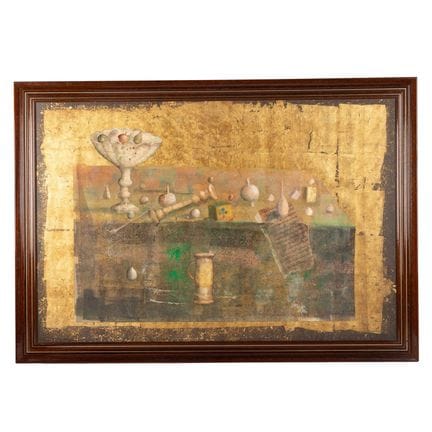 贝伯，梅尔萨德（1940-2012），《带水果盘的静物》，右下角署名 M.BERBER，混合技法，在