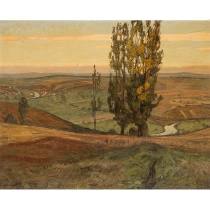 霍伦贝格，费利克斯（1868-1945）《暮色中点缀着杨树的辽阔河景》1905年 桃花心木板油画。 